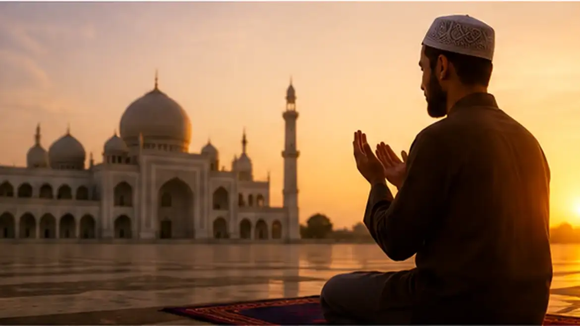 Muslim worshipper praying in late-afternoon light as long shadows stretch across a mosque courtyard