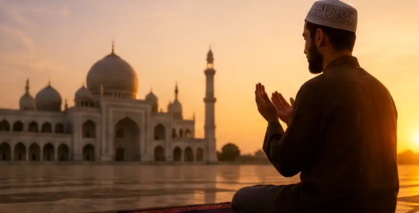 Muslim worshipper praying in late-afternoon light as long shadows stretch across a mosque courtyard