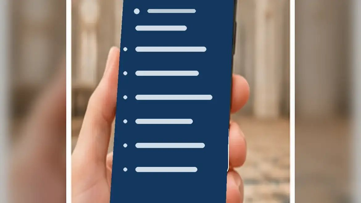 Muslim traveler checking a prayer timetable on a smartphone while away from home
