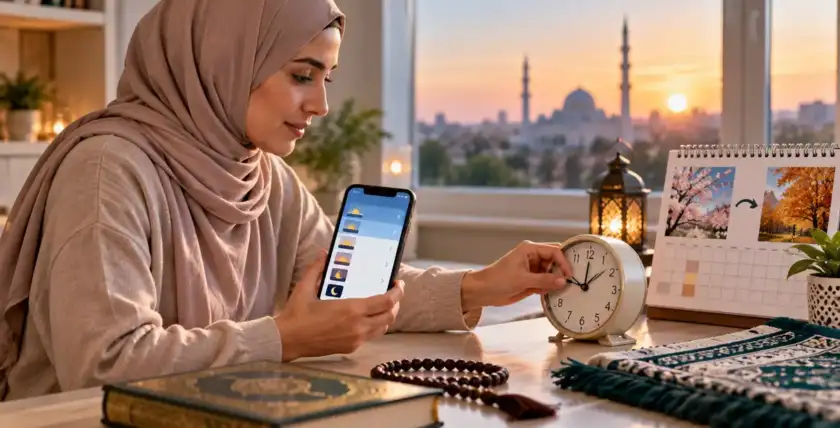 Muslim woman adjusting a clock while checking prayer times during daylight saving time