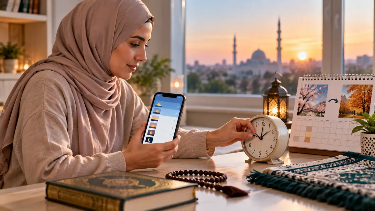 Muslim woman adjusting a clock while checking prayer times during daylight saving time