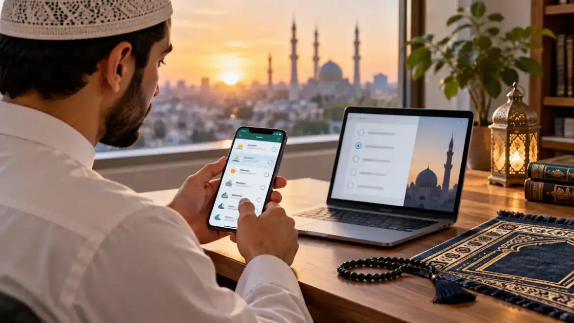 Muslim man comparing Islamic prayer time calculation methods on a phone and laptop