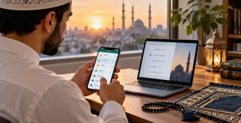 Muslim man comparing Islamic prayer time calculation methods on a phone and laptop