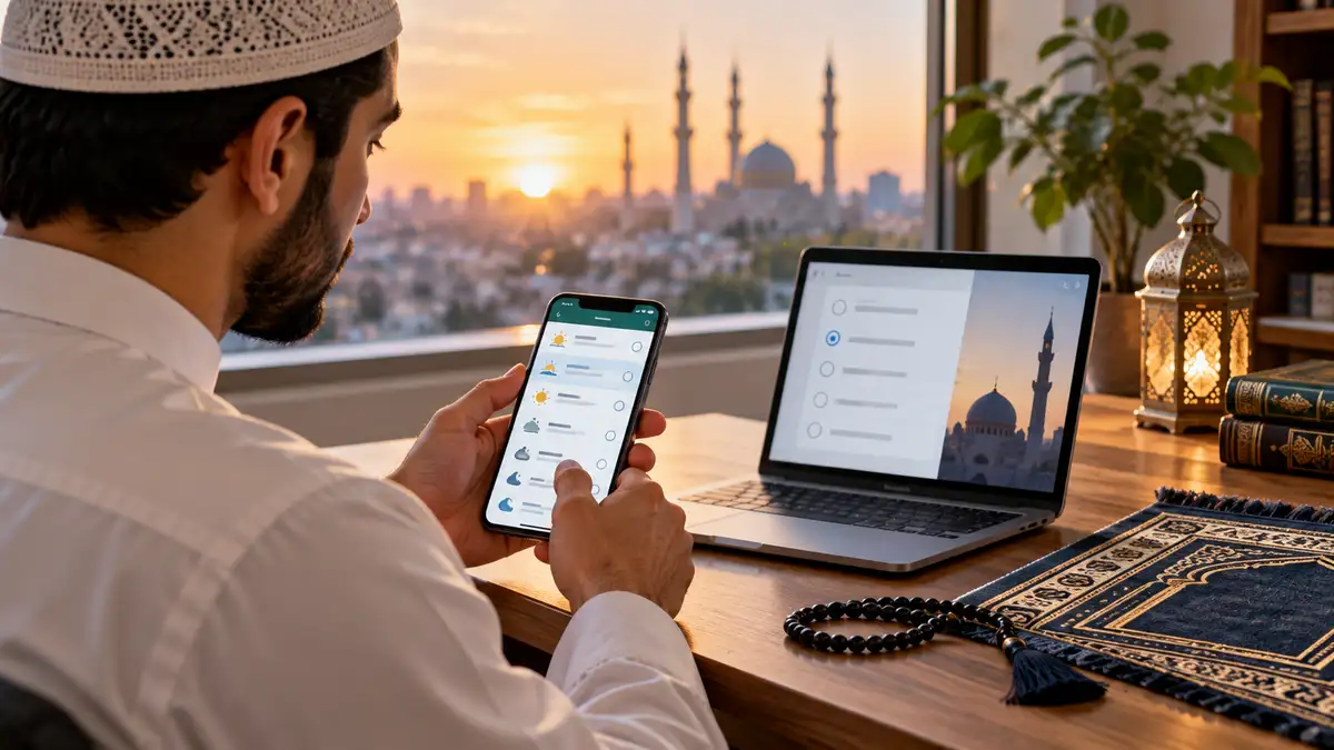 Muslim man comparing Islamic prayer time calculation methods on a phone and laptop